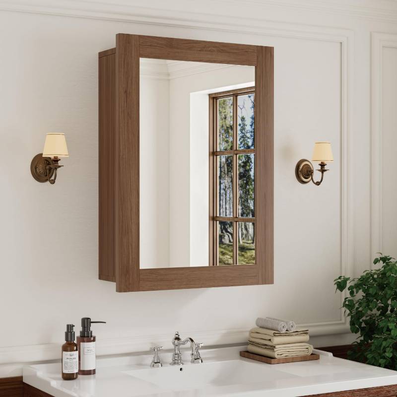 lot 4018 image: 24 x 30 Inch Walnut Grain Medicine Cabinet with Mirror, Recessed or Wall-Mounted Wood Storage Cabinet for Bathroom, Adjustable Shelves, Soft-Close Hinges, Rectangle - Retail $190