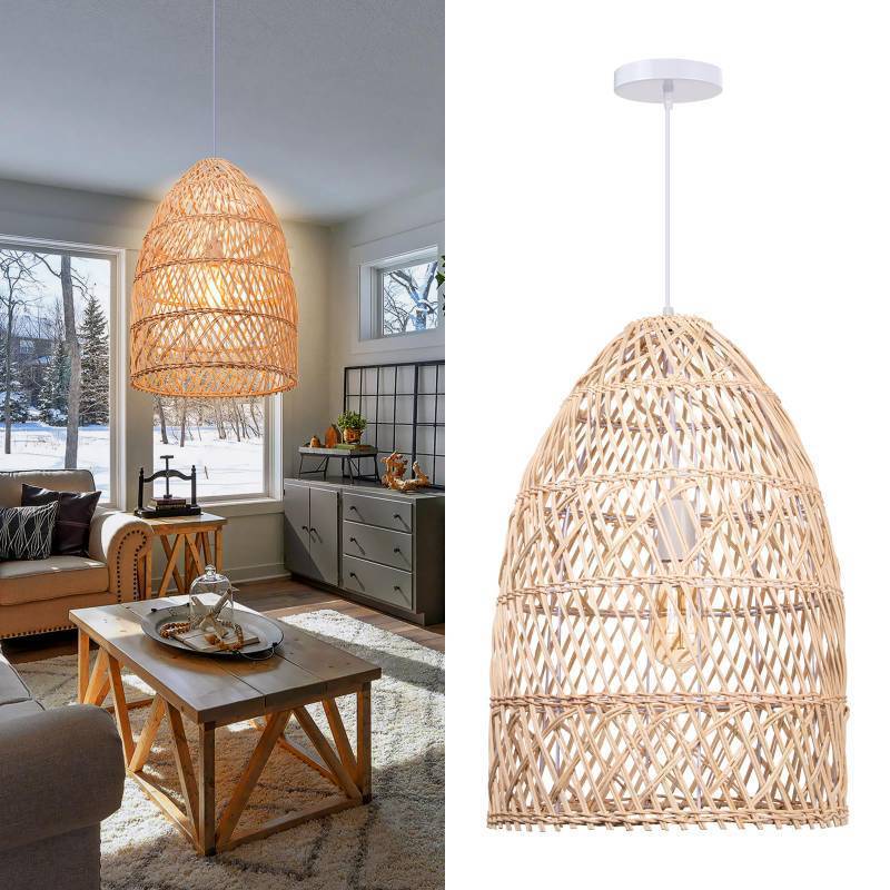 lot 4023 image: Arturesthome Natural Rattan Pendant Light, Woven Lantern Chandelier Pendant Lamp Shade, Hanging Ceiling Light, Handmade Lampshade for Kitchen Island Hallway Foyer - Retail $130