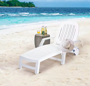 lot 4021 image: Costway White Plastic Frame C Spring Chaise Lounge Chair. Solid Seat, White Wheels, and Height Adjustable  - Retail $270