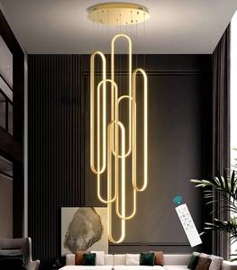 lot 4024 image: dolria 6-Rings Modern Chandelier, LED Gold Large Contemporary Light for Staircase, Dimmable Flush Mount High Ceiling Chandeliers with Remote Control for Villa Foyer - Retail $588
