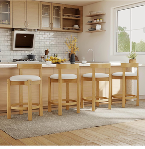 lot 4030 image: COSTWAY Counter Height Stools Set of 4, Upholstered Kitchen Island Chairs with Low Backs, Solid Rubber Wood Legs, Mid Century Country Barstools with Footrest for Dining Room (Natural) - Retail $230