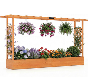 lot 4033 image: Giantex Wooden Raised Garden Bed with Trellis & Hanging Roof, Fir Wood Planter Box, 45 Freestanding Elevated Garden Bed for Outdoor Climbing Plants Vegetables Flowers, Patio & Balcony, Orange - Retail $120