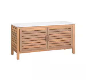 lot 4034 image: 43 in. W x 16 in. D x 24 in. H 2-Door Acacia Wood Outdoor Storage Cabinet with Faux Marble Top and Adjustable Shelves - Retail $375