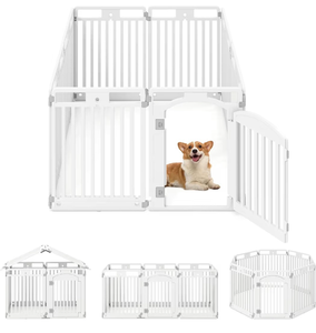 lot 4037 image: Giantex 8 Panel Dog Playpen, 32 Tall Plastic Pet Fence with Lockable Door, Indoor Outdoor Portable Dog Exercise Pen for Medium Dogs, Configurable into Square, Rectangle or House-Shaped Layout - Retail $115