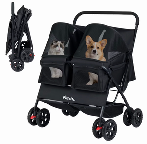 lot 4038 image: Costway Double Pet Stroller with 2 Seater Carrier Adjustable Sunshade Removable Pad - Retail $120