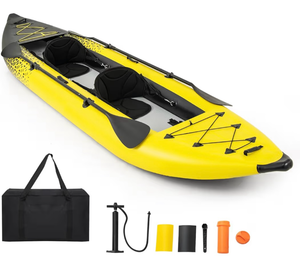 lot 4039 image: GYMAX Inflatable Kayak, 12.5Ft 507lbs Tandem Kayak with 2 Aluminum Paddles, 2 Padded Seats, Footrests, 2 Fins, Hand Pump, Carry Bag & Repair Kit, 2 Person Fishing Touring Kayak for Adults - Retail $330