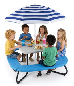 lot 4042 image: Costzon Kids Picnic Table, 8 Person Kids Outdoor Table and Chairs with Foldable & Adjustable Umbrella, 4 Built-in Benches, Toddler Outdoor Furniture for Backyard, Patio, Garden (Blue) - Retail $156