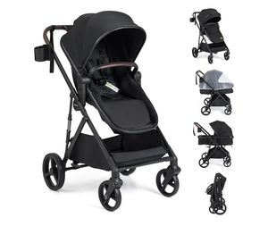 lot 4047 image: BABY JOY 2 in 1 Baby Stroller, High Landscape Convertible Bassinet Stroller with Reversible Seat, Net, Adjustable Canopy, Cup Holder, Foldable Pushchair Pram Stroller for Newborn Toddlers (Black) - Retail $130