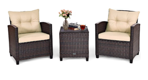 lot 4050 image: Patiojoy 3 Pieces Patio Furniture Set, PE Rattan Wicker 3 Pcs Outdoor Sofa Set wWashable Cushion and Tempered Glass Tabletop, Conversation Furniture for Garden Poolside Balcony (Beige) a - Retail $142