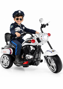 lot 4052 image: Kids Motorcycle, Police Ride On Toy for Toddlers, 3 Wheel Battery Powered Chopper Motorbike With Horn and Headlight, Foot Pedal, 6V Electric Motorcycle for Kids, Gift for Boys Girls, White - Retail $130