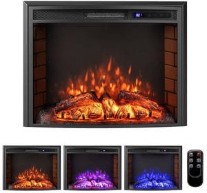 lot 4053 image: COSTWAY 26-inch Electric Fireplace Insert with Curved Screen, 750W1500W Recessed Fireplace Heater with Adjustable Thermostat, 3 Flame Color, 6H Timer, Overheat Protection, Remote Control - Retail $136