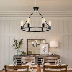 lot 4059 image: Senyshilon Black Chandelier, 6-Light Dining Room Light Fixture, Round Farmhouse Wagon Wheel Chandeliers for Dining Room Living Room Entryway Kitchen Island Dia 24 - Retail $70