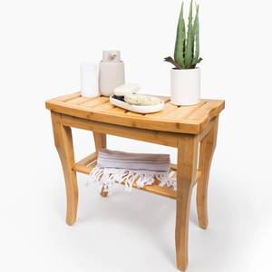 lot 4062 image: Shower Bench Waterproof Wooden Spa Seat with Storage Shelf for Bathroom, Sauna &amp Entryway Eco-Friendly Bath Stool Available in 3 Sizes - Retail $29