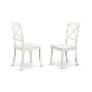 lot 4064 image: East West Furniture BOC-WHI-W Boston Dining Room Chairs - Cross Back Solid Wood Seat Chairs, Set of 2, Linen White - Retail $136