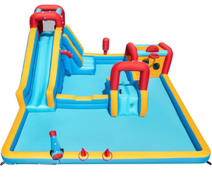 lot 4067 image: COSTWAY Inflatable Water Park, 9 in 1 Giant Kids Bouncy Castle with Double Slides, Climbing Wall, Splash Pools, Water Cannon, Outdoor Blow Up Bounce House for 3-12 Years Old (without blower) - Retail $423