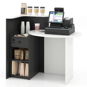 lot 4069 image: Giantex Reception Desk, Front Counter Desk with Lockable Drawer, Checkout Table with Round Tabletop, Corner Shelf & Adjustable Shelf for Office Beauty Salon Retail Store (Black & White) - Retail $95