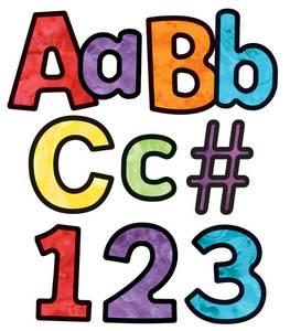 lot 3680 image: Carson Dellosa 219-Piece Watercolor Cutout Letters, 4 Colorful Upper and Lowercase Alphabet, Numbers, Punctuation, and Symbols for Bulletin Board, Posterboard, Party, and Classroom Decor - Retail $13