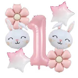 lot 3687 image: 7PCS Rabbit Daisy Balloons Decorations with 32 Inch Pink Number 1 Balloons for Easter Bunny Theme Birthday Party Kids Toy Gifts (1st Birthday) - Retail $9
