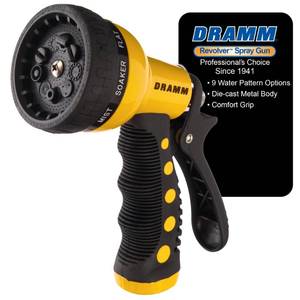 lot 3709 image: Dramm Revolver Heavy Duty Metal Garden Hose Nozzle&nbsp 9 Spray Patterns, High Pressure Jet, Thumb-Control Flow, Ergonomic Grip&nbsp Yellow - Retail $19