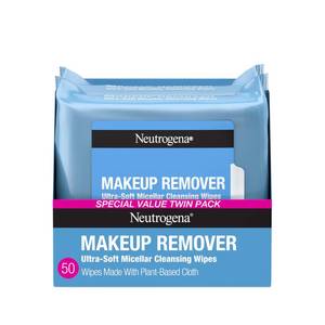 lot 3714 image: Neutrogena Makeup Remover Micellar Wipes for Face Daily Gently Removes Oil Dirt and Waterproof Makeup in a Simple Fully Plant-Based Cloth, 2 pack of 25 ct - Retail $10