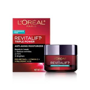 lot 3740 image: LOreal Paris Revitalift Triple Power Anti-Aging Face Moisturizer, Pro Retinol, Hyaluronic Acid & Vitamin C, Reduce Wrinkles, Fragrance Free 1.7 Oz - Retail $24