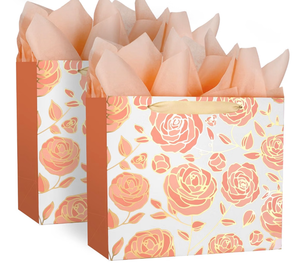 lot 3758 image: DecorWoo 2 Pack 13 Rose Gold Large Paper Gift Bag, with Tissue Paper and Greeting Card, Foil Flowers Pattern, for Mothers Day Birthdays Tea Party Anniversaries Special Loved One - Retail $10