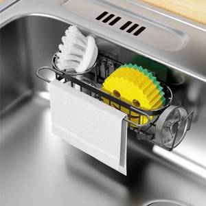 lot 63527 image: Kitchen Sink Caddy Sponge Holder in The Sink, Stainless Steel Kitchen Sink Organizer, Brush Holder, Dish Cloth Hanger, Sink Stopper Holder (Suction cup-Black) - Retail $10
