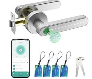 lot 63530 image: Smart Door Lock with Knob, Keyless Entry Door Locks with Handle, Fingerprint Door Knob for BedroomFront DoorApartment,Generate Passcode Remotely Silver - Retail $37