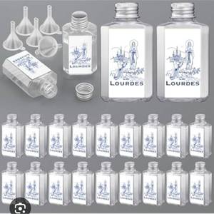 lot 63536 image: 20 Pcs Holy Water Bottles with 5 Pcs Funnels 2 oz Our Lady of Bottles Holy Water Empty Container for Catholic Christian Church Communion Gift Baptism - Retail $31