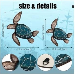 lot 63541 image: 2 Sizes Wooden Sea Turtle Wall Decor Farmhouse Ocean Turtle wall art Beach Theme Vintage Coastal Hanging Decoration for Home Lake House Bathroom(Blue) - Retail $10