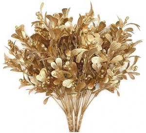lot 63544 image: Fake Plants Christmas Decorations, Golden Artificial Flowers Plastic Grass Shrubs Leaves Indoor Outdoor Home Garden Party Hotel Verandah Wedding Event Bouquet Faux DIY Decor - Gold 4 Pack - Retail $13