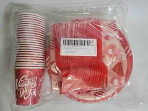 lot 63545 image: 120 PCS Red Love Heart Party Supplies for Valentines Disposable Paper Plates Napkins Cups Cutlery for 24 Guest - Retail $0