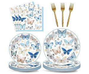 lot 63546 image: 96Pcs Butterfly Party Supplies Vintage Butterfly Plates and Napkins Blue Butterfly Flower Tableware Disposable Dessert Dinnerware for Wedding Bridal Girl Butterfly Theme Birthday Party for 24 Guests - Retail $16