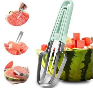 lot 63560 image: Watermelon Cutter 3-in-1 Stainless Steel Fruit Cutter, Fork Slicer & Popsicle Maker for BBQ, Picnic & Kitchen Multi Melon Cutting Tool (Green) - Retail $10