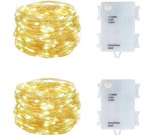 lot 63569 image: Set of 2 Battery Operated Mini Led Fairy Light Dewdrop Lights with Timer 6 Hours on18 Hours Off for Wedding Centerpiece Halloween Christmas Party Decorations,50 LEDs,18 Feet Silver Wire (Warm White) - Retail $10