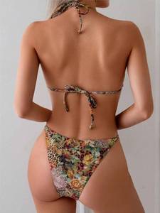 lot 63575 image: Womens 2 Piece Leopard Floral Bikini Sets Ring Triangle Halter Bathing Suit Tie Back Swimsuit, S, Multicolor - Retail $32