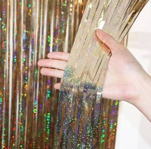 lot 63595 image: Voircoloria 3.3 x 6.6 ft Foil Fringe Backdrop Curtains, Tinsel Streamers Party Decorations, Fringe Backdrop for Birthday, Baby Shower, Gender Reveal, Graduation (6, Champagne) - Retail $13