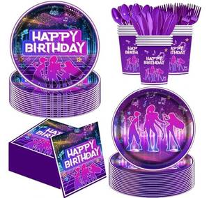 lot 63608 image: 140Pcs Kpop Music Dance Party Supplies Birthday Decorations Tableware Including KPop Themed Party Plates Napkins Cups Knives Forks Spoons, Kpop Party Decorations,Serve 20 - Retail $20
