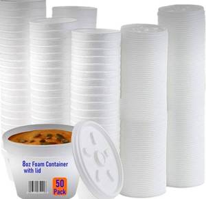 lot 63609 image: Mr Miracle Foam Bowl with Lid for Hot and Cold Foods 8 Ounce Disposable Soup Container with Vented Lid, Great for Ice Cream, Yogurt, Soup, Takeout 50 pack - Retail $21