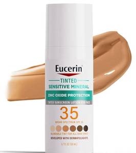 lot 63622 image: Eucerin Sun Tinted Sensitive Mineral Face Sunscreen Lotion SPF 35, Non-Comedogenic Mineral Sunscreen with Gentle Zinc Oxide Protection for Sensitive Skin, 1.7 Fl Oz Bottle - Retail $18