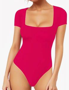 lot 63639 image: Womens Square Neck Short Sleeve Long Sleeve Bodysuit Sexy Body Suits Shirt Slim Fitted Tops, rose pink, S - Retail $20