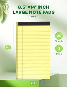 lot 63642 image: Legal Pads 8.5 x 14, Wide Ruled Legal Pad, Yellow Paper 8.5 x 14, 30 Sheets per Notepad, Large Writing Pad for Office Supplies, College, Micro Perforated Lined Writing Pads, 70 GSM 2 Pieces - Retail $8