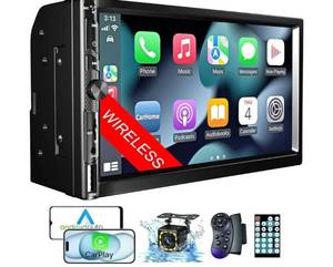 lot 63645 image: Wireless 7 Inch Double Din Car Stereo with Apple Carplay,HD 1024  600 Touch Screen,FM Car Radio Receiver with Bluetooth 5.1 Hands-Free,GPS Navigation,Backup Camera,Android Auto,USBAUXTFSWCEQ - Retail $56