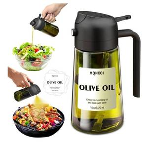 lot 63667 image: Oil Sprayer for Cooking, 2 in 1 Olive Oil Dispenser Bottle for Kitchen, 16oz470ml Premium Glass, Food-grade Oil Mister for Air Fryer, Salad, Frying, BBQ (Black  Dark Green Bottle) - Retail $8