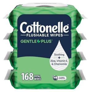 lot 63670 image: Cottonelle GentlePlus Flushable Wet Wipes with Aloe & Vitamin E, 4 Flip-Top Packs, 42 Wipes Per Pack (168 Total Wipes), Packaging May Vary - Retail $8