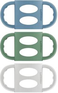 lot 63675 image: Dr. Browns Narrow Baby Bottle Handles, 100% Silicone, Easy Grip Removable Handles for Bottle to Sippy Cup Transition, BlueGrayGreen, 3-Pack, 4m - Retail $8