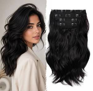 lot 63678 image: Hair Extensions Clip ins - 14 Inch Wavy Synthetic Clip in Hair Extensions For Women And Girls (Color Black Brown) - Retail $10