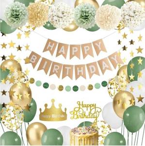 lot 63679 image: Sage Green Birthday Decorations for Women Girls with Green Sand Gold Confetti Metallic Balloons Happy Birthday Banner Star Garland Paper Pompoms Circle Dots Garland Crown Party Supplies - Retail $8