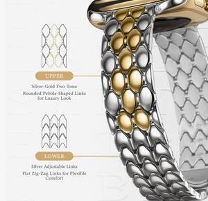lot 63683 image: Stainless Steel Designer Band Compatible with Apple Watch for Women 3840414244454649mm, Fancy Dressy Metal Strap for iWatch Series 11 10 9 8 7 6 5 4 3 SE Ultra 3 2 1, two-tone gold and silver. - Retail $22