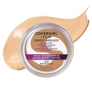 lot 63691 image: COVERGIRL Simply Ageless Instant Wrinkle Defying Foundation, SPF 28, Hyaluronic Complex & Vitamin C - 245 Warm Beige, Pack of 1 - Retail $20